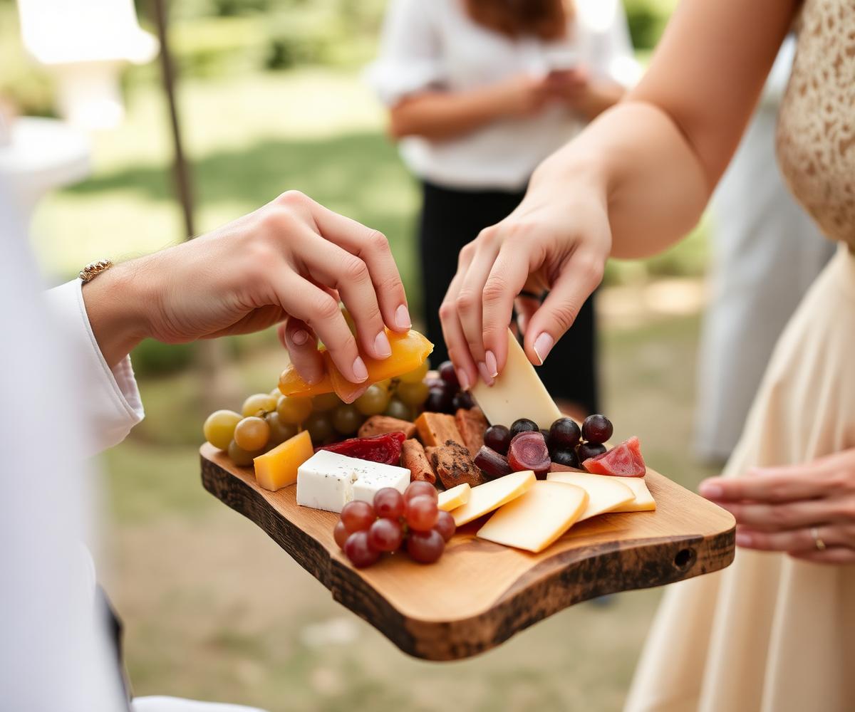 Guests sharing a styled charcuterie board at an outdoor event